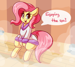 Size: 3000x2664 | Tagged: safe, artist:graphene, fluttershy, pegasus, pony, atg 2017, clothes, cute, dialogue, female, looking at you, mare, newbie artist training grounds, robe, sauna, shyabetes, solo