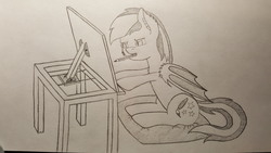 Size: 5312x2988 | Tagged: safe, artist:nightwind-arts, oc, oc only, oc:nightwind, bat pony, pony, art desk, desk, drawing, female, mare, monochrome, mouth drawing, mouth hold, pencil, pillow, sitting, sitting on pillow, solo, traditional art