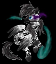 Size: 1314x1490 | Tagged: safe, artist:zigragirl, oc, oc only, oc:trickplay, zebra, zebrasus, antagonist, black background, corrupted, glare, glowing eyes, irc, looking back, magic, male, simple background, smiling, smirk, solo, sombra eyes, spread wings, stallion, traditional art, underhoof, wings
