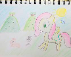 Size: 1280x1026 | Tagged: safe, artist:sumi-mlp25, angel bunny, fluttershy, pegasus, pony, g4, female, happy, mare, smiling, traditional art