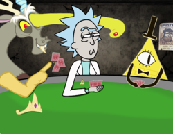 Size: 1584x1224 | Tagged: safe, artist:festive-luna, discord, g4, bill cipher, crossover, gravity falls, male, newbie artist training grounds, playing card, poker, rick and morty, rick sanchez, watchmojo.com