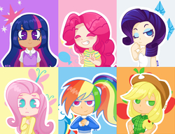 Size: 1560x1200 | Tagged: safe, artist:isosceless, applejack, fluttershy, pinkie pie, rainbow dash, rarity, twilight sparkle, human, g4, chibi, eyes closed, female, humanized, looking at you, mane six, one eye closed, wink