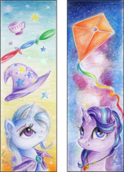 Size: 800x1112 | Tagged: safe, artist:lailyren, starlight glimmer, trixie, pony, unicorn, g4, bookmark, cape, clothes, cup, duo, hat, jewelry, kite, necklace, teacup, traditional art, trixie's cape, trixie's hat