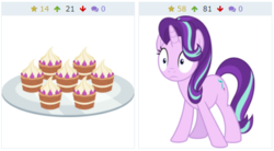 Size: 453x250 | Tagged: safe, artist:parclytaxel, starlight glimmer, pony, unicorn, derpibooru, g4, cupcake, female, food, juxtaposition, mare, meta, plate, solo, stare, teacakes, wide eyes