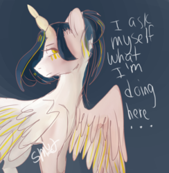 Size: 1563x1600 | Tagged: safe, artist:kidthebird, oc, oc only, alicorn, pony, alicorn oc, colored sketch, drawing, partially open wings, serious, side eye, simple background, solo, stern look, wings