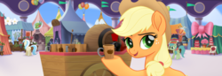 Size: 1360x467 | Tagged: safe, screencap, applejack, earth pony, pony, g4, my little pony: the movie, official, apple cider, cider, female, lidded eyes, mare, mug, open mouth