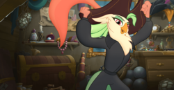 Size: 900x467 | Tagged: safe, screencap, captain celaeno, anthro, g4, my little pony: the movie, official, clothes, female, hat, pirate hat, solo, storm king's messenger outfit