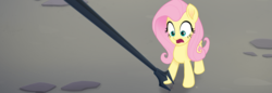 Size: 1360x467 | Tagged: safe, screencap, fluttershy, pegasus, pony, g4, my little pony: the movie, official, bident, cropped, female, mare, solo, spear, weapon, you know for kids