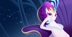Size: 900x467 | Tagged: safe, screencap, queen novo, seapony (g4), g4, my little pony: the movie, official, bored, crown, eyelashes, female, fins, hoof on cheek, jewelry, raised eyebrow, regalia, seaquestria, solo, throne, unamused, underwater, water