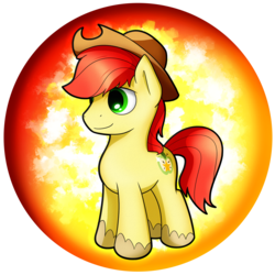 Size: 1280x1280 | Tagged: safe, artist:flamevulture17, bright mac, pony, g4, the perfect pear, brightabetes, chibi, commission, cowboy hat, cute, hat, juxtaposition bait, male, orb, smiling, solo, stallion, stetson