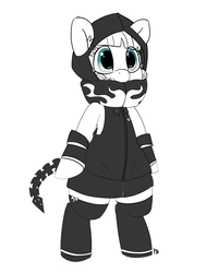 Size: 7742x9655 | Tagged: safe, artist:pabbley, lily longsocks, pony, g4, absurd resolution, bipedal, black rock shooter, clothes, cute, hood, partial color, simple background, socks, solo, strength, white background
