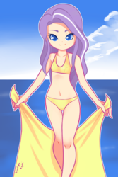 Size: 1280x1920 | Tagged: safe, artist:drantyno, diamond tiara, human, g4, belly button, bikini, clothes, cloud, colored pupils, cute, diamondbetes, female, humanized, looking at you, ocean, sarong, smiling, solo, swimsuit, thigh gap, towel, water, yellow swimsuit