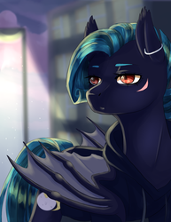 Size: 1200x1551 | Tagged: safe, artist:maria-fly, oc, oc only, oc:midnight chastise, bat pony, pony, bat pony oc, commission, ear piercing, earring, eye scar, guard, jewelry, off duty, piercing, scar, ych result