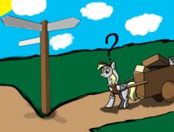 Size: 2048x1556 | Tagged: safe, artist:kedke1, derpy hooves, pegasus, pony, g4, atg 2017, cart, clothes, female, hat, mailmare, mare, newbie artist training grounds, question mark, road, solo, uniform