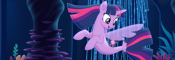 Size: 1360x467 | Tagged: safe, screencap, twilight sparkle, alicorn, seapony (g4), g4, my little pony: the movie, official, bubble, clothes, coral, crepuscular rays, cropped, dorsal fin, female, fin, fin wings, fins, flowing mane, flowing tail, happy, horn, looking at self, mare, ocean, open mouth, open smile, purple eyes, scales, seaponified, seapony twilight, seaquestria, seaweed, see-through, smiling, solo, species swap, spread wings, swimming, tail, throne room, twilight sparkle (alicorn), underwater, water, wings