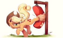 Size: 3364x2048 | Tagged: safe, artist:ncmares, applejack, earth pony, pony, g4, applebucking, atg 2017, cowboy hat, female, freckles, hat, high res, mare, ncmares is trying to murder us, newbie artist training grounds, punching bag, signature, solo, stetson, underhoof