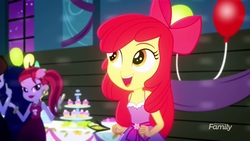 Size: 1920x1080 | Tagged: safe, screencap, apple bloom, equestria girls, g4, my little pony equestria girls: summertime shorts, raise this roof, adorabloom, apple bloom's bow, balloon, bare arms, bare shoulders, bow, clothes, cute, dress, fall formal, fall formal outfits, female, hair bow, open mouth, sleeveless, sleeveless dress, smiling, solo focus