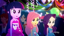 Size: 1920x1080 | Tagged: safe, screencap, curly winds, fluttershy, nolan north, rarity, some blue guy, twilight sparkle, eqg summertime shorts, equestria girls, g4, raise this roof, background human, bare shoulders, clothes, dress, fall formal outfits, female, open mouth, sleeveless, strapless, trio, twilight ball dress