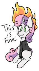 Size: 732x1308 | Tagged: safe, artist:neonhuo, sweetie belle, pony, g4, atg 2017, clothes, female, fire, hoodie, mane on fire, newbie artist training grounds, pyro belle, simple background, sitting, solo, sweetie fail, this is fine, transparent background