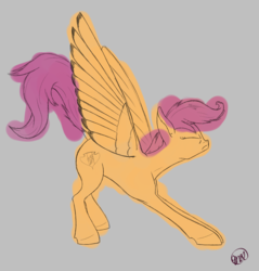 Size: 1274x1331 | Tagged: safe, artist:marchiedraws, scootaloo, pony, g4, atg 2017, female, gray background, newbie artist training grounds, simple background, sketch, solo, stretching