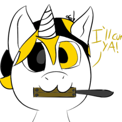 Size: 375x375 | Tagged: safe, artist:troggggggggggggggggy, oc, oc only, oc:trogler kroglethorn, pony, unicorn, butterfly knife, knife, marshmallow pony, mouth hold, simple background, solo, text, threat, transparent background