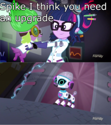 Size: 1920x2160 | Tagged: safe, edit, edited screencap, screencap, sci-twi, spike, spike the regular dog, twilight sparkle, cyberman, dog, robot, equestria girls, g4, mad twience, my little pony equestria girls: summertime shorts, doctor who, robot dog, upgrade