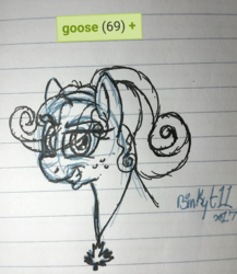 Size: 1832x2110 | Tagged: safe, artist:binkyt11, derpibooru exclusive, oc, oc only, oc:goosie, pony, derpibooru, 69 (number), dreamworks face, female, lined paper, looking at you, mare, meta, solo, traditional art