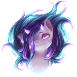 Size: 1024x1024 | Tagged: safe, artist:zukiq314, oc, oc only, demon pony, pony, bust, hair over one eye, horns, looking at you, portrait, simple background, solo, transparent background