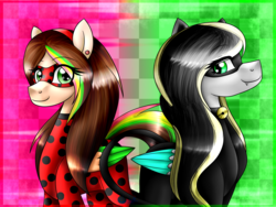 Size: 1600x1200 | Tagged: safe, artist:lada03, oc, oc only, oc:cat ri, oc:lady cuantica, pegasus, pony, crossover, duo, female, looking at you, mare, miraculous ladybug, superhero, the miraculous ladybug