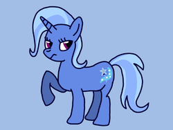 Size: 1000x750 | Tagged: safe, artist:speedy9797, trixie, pony, unicorn, g4, blue background, female, frown, looking back, mare, raised hoof, simple background, solo