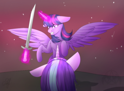 Size: 1108x812 | Tagged: safe, artist:shizzarchan, starlight glimmer, twilight sparkle, alicorn, pony, unicorn, g4, chest fluff, colored pupils, duo, female, fight, floppy ears, flying, levitation, magic, mare, stars, sword, telekinesis, twilight sparkle (alicorn), weapon