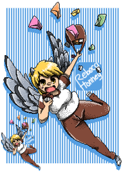 Size: 648x888 | Tagged: safe, artist:rebeca-honney, derpy hooves, human, g4, converse, female, food, humanized, mailbag, muffin, pixel art, pixelated, running, shoes, solo, winged humanization, wings