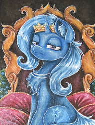 Size: 413x540 | Tagged: safe, artist:krelataiapani, trixie, pony, unicorn, g4, bored, chest fluff, crown, ear fluff, female, jewelry, lidded eyes, looking at you, mare, necklace, regalia, sitting, solo, throne, traditional art