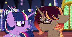 Size: 1024x534 | Tagged: safe, artist:ipandacakes, twilight sparkle, oc, oc:bailiwick, alicorn, pony, unicorn, g4, crown, female, jewelry, magical lesbian spawn, male, mother and son, offspring, older, parent:sunset shimmer, parent:twilight sparkle, parents:sunsetsparkle, regalia, stallion, twilight sparkle (alicorn)