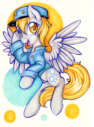 Size: 600x811 | Tagged: safe, artist:pingwinowa, derpy hooves, pegasus, pony, g4, clothes, female, flying, looking at you, mailmare, mare, marker drawing, salute, simple background, solo, traditional art, white background