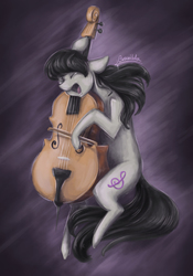 Size: 2261x3228 | Tagged: safe, artist:cvanilda, octavia melody, earth pony, pony, g4, bow (instrument), cello, eyes closed, female, high res, musical instrument, open mouth, sad, signature, solo