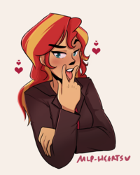 Size: 1280x1604 | Tagged: safe, artist:mlp-hearts, sunset shimmer, human, equestria girls, g4, breasts, colored pupils, female, heart, humanized, implied cunnilingus, implied oral, implied sex, moderate dark skin, solo, tongue out