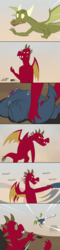 Size: 600x2487 | Tagged: safe, artist:queencold, oc, oc only, oc:maximus, dragon, ask caldera, ask, comic, desert, dragon oc, father, flying, hammer throwing, male, teenaged dragon, tumblr