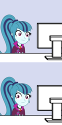 Size: 1000x2016 | Tagged: safe, sonata dusk, equestria girls, g4, :|, comic, computer, computer reaction faces, desk, disturbed, female, looking at you, reaction image, solo, stare, starenata, thousand yard stare, wide eyes