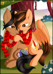 Size: 2894x4093 | Tagged: safe, artist:ze-dusty, oc, oc only, oc:aegis aurora, oc:harmony inkwell, pegasus, pony, unicorn, clothes, cute, cutie mark, duo, harmogis, hug, hug from behind, looking at each other, married couple, ring, scarf, shipping, tree, wedding ring