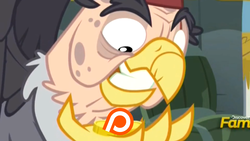 Size: 2560x1440 | Tagged: safe, edit, edited screencap, screencap, grampa gruff, griffon, totally legit recap, g4, the lost treasure of griffonstone, discovery family logo, eye scar, male, patreon, patreon logo, scar, solo