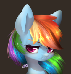 Size: 1200x1251 | Tagged: safe, artist:snow angel, rainbow dash, pony, g4, black background, bust, female, mare, multicolored hair, portrait, scrunchy face, simple background, solo