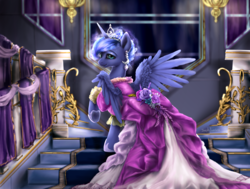 Size: 3300x2500 | Tagged: dead source, safe, artist:makkah, princess luna, alicorn, pony, g4, beautiful, clothes, crown, dress, female, high res, jewelry, looking back, mare, raised hoof, regalia, smiling, solo, stairs