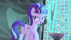 Size: 1258x720 | Tagged: safe, screencap, starlight glimmer, pony, unicorn, g4, the cutie map, butt, cutie mark vault, equal cutie mark, explanation, female, glimmer glutes, lidded eyes, looking back, mare, plot, s5 starlight, solo, staff, staff of sameness