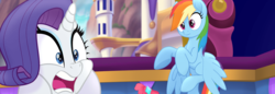 Size: 1360x467 | Tagged: safe, screencap, rainbow dash, rarity, pegasus, pony, unicorn, g4, my little pony: the movie, official, faic, flying, frown, gasp, nose wrinkle, open mouth, spread wings, squishy cheeks, wide eyes, wings