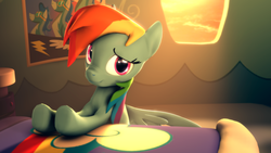 Size: 1920x1080 | Tagged: safe, artist:psfmer, rainbow dash, pony, g4, 3d, bed, cute, female, looking at you, solo, source filmmaker