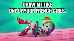Size: 1920x1080 | Tagged: safe, edit, edited screencap, screencap, rainbow dash, human, equestria girls, g4, my little pony equestria girls: summertime shorts, raise this roof, clothes, draw me like one of your french girls, faic, fall formal outfits, female, fingerless gloves, gloves, image macro, meme, multicolored hair, rainbow hair, rose dewitt bukater, sexy, smiling, smirk, smug, smugdash, solo, titanic