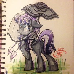 Size: 530x530 | Tagged: safe, artist:crystalizedflames, oc, oc only, oc:rozovaya, hybrid, original species, pony, squid, butt, female, mare, plot, solo, tentacles, traditional art, umbrella, veil