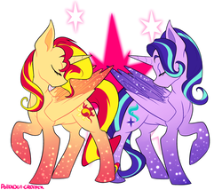 Size: 2197x1882 | Tagged: safe, artist:polkadot-creeper, starlight glimmer, sunset shimmer, alicorn, pony, equestria girls, g4, alicornified, cutie mark, cutie mark background, duo, eyes closed, good end, race swap, raised hoof, shimmercorn, starlicorn