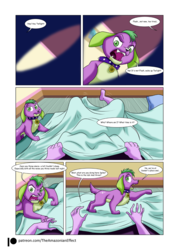 Size: 1000x1394 | Tagged: safe, artist:atariboy2600, artist:bluecarnationstudios, spike, spike the regular dog, twilight sparkle, dog, comic:the amazonian effect, comic:the amazonian effect ii, equestria girls, g4, alternate universe, blanket, comic, duo, first person view, implied flashlight, implied shipping, implied straight, offscreen character, patreon, patreon logo, pov, spike is not amused, unamused, waking up